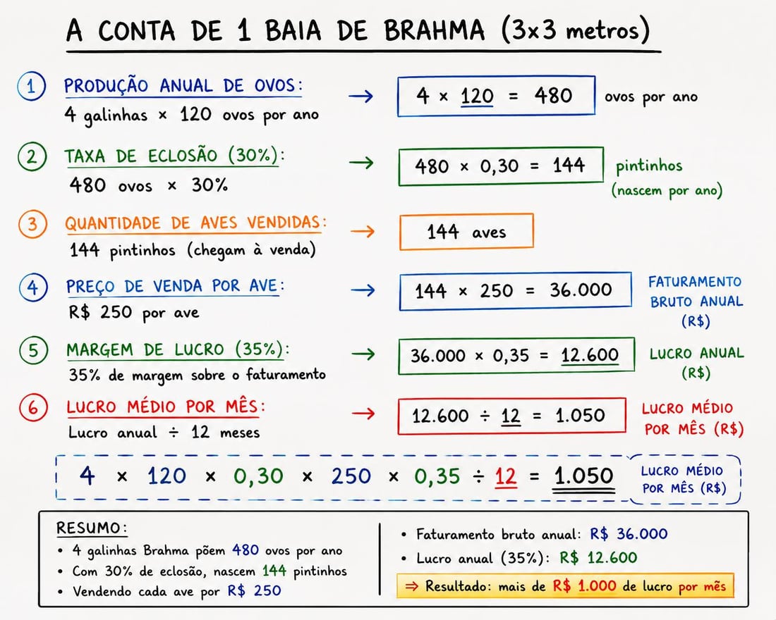 A conta de 1 baia de Brahma de 3x3m: 4 galinhas geram mais de R$ 1.000 de lucro por mes